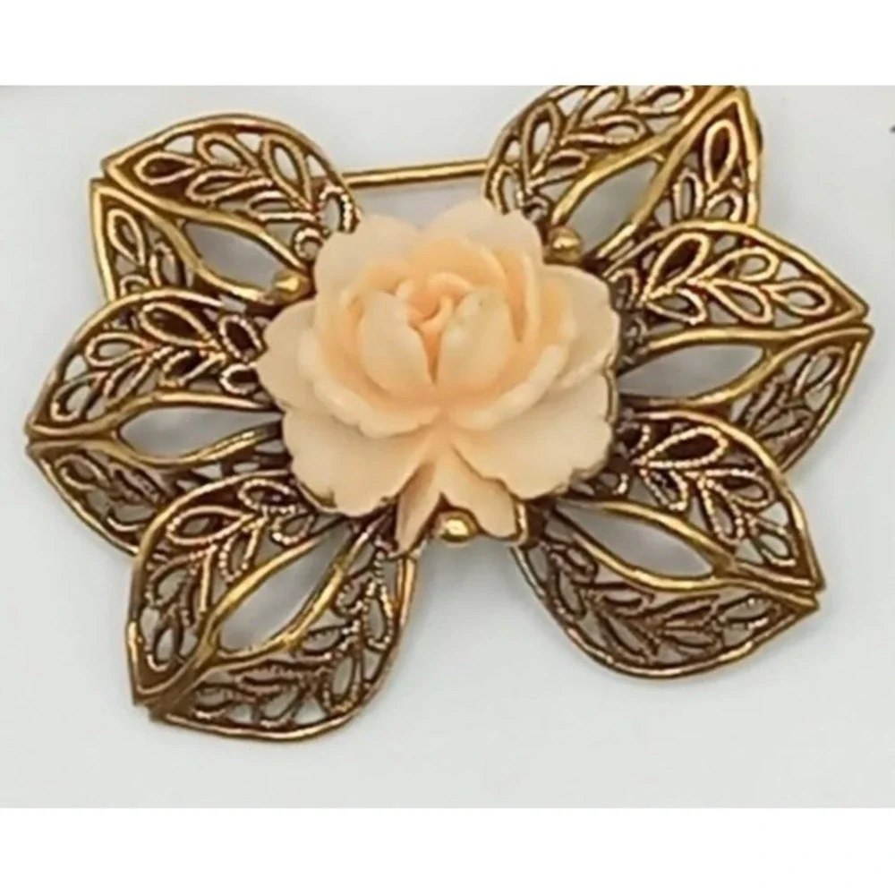 Vintage Filigree Bow Brooch Victorian Revival Gold Tone Peach Flower Pin Jewelry